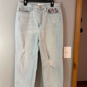 LC Lauren Conrad Light Blue Distressed Jeans with Floral Embroidery